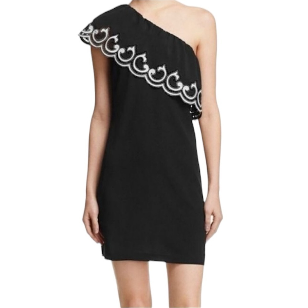 Ramy Brook Darla black and white one shoulder lace ruffle trim shift dress